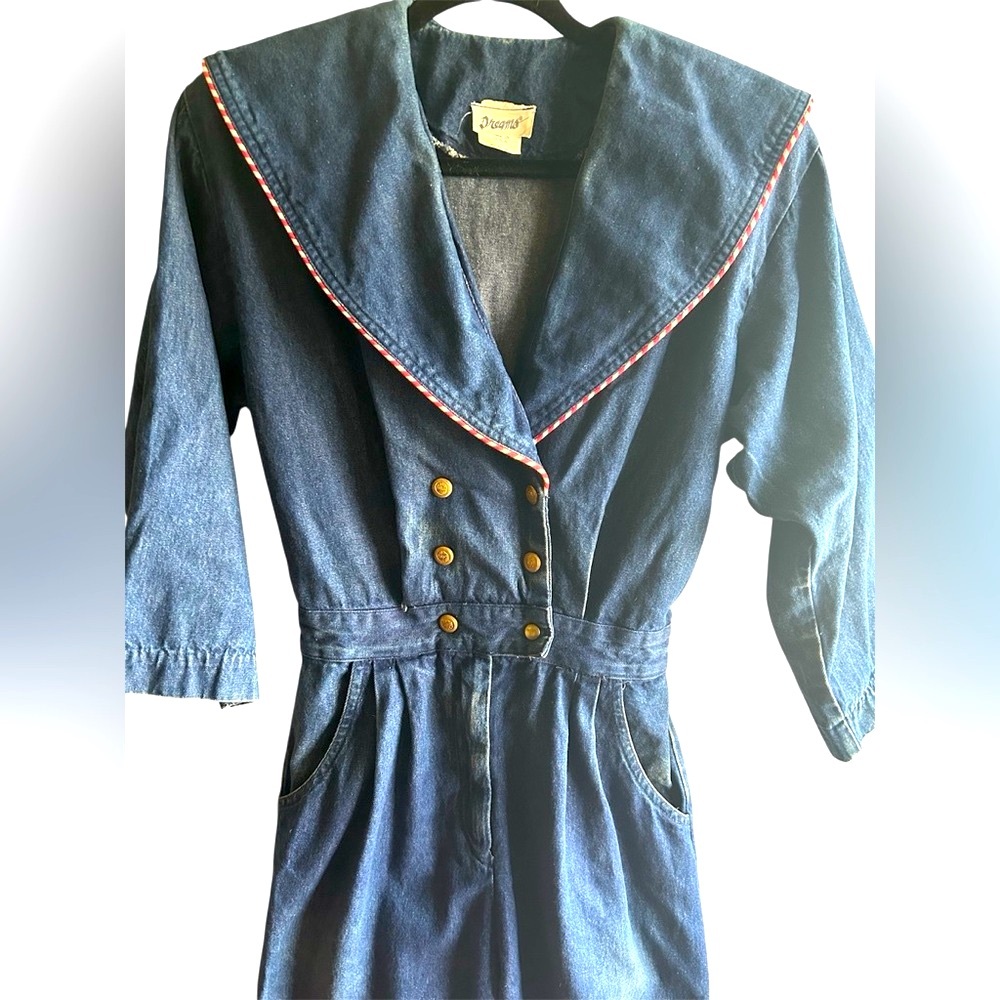 Dreams Vintage 80s Denim Jumpsuit with Brass Button Accents